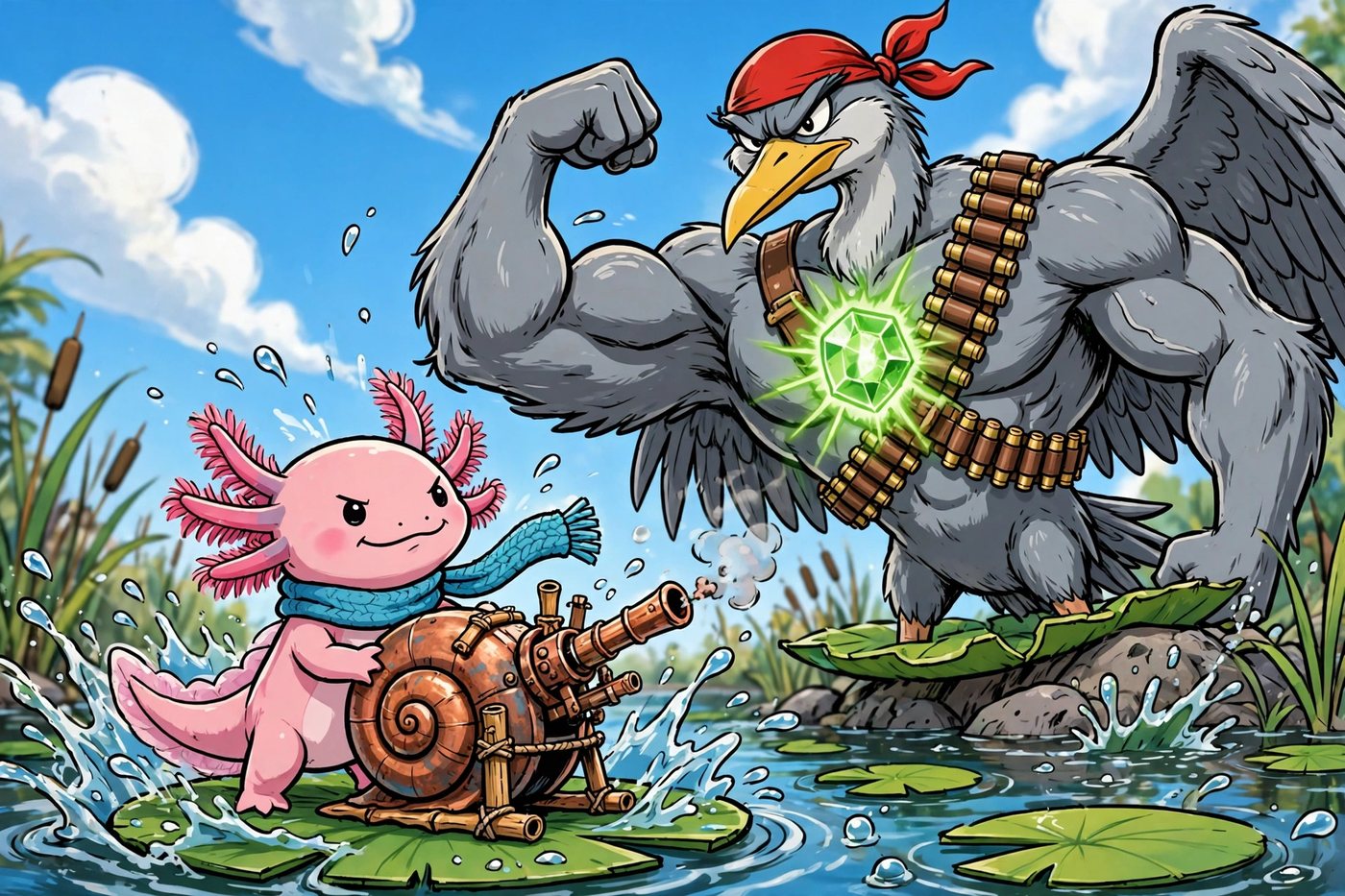 Illustrated boss showdown: the tiny axolotl and his snail-shell cannon face the giant flexing heron, whose bandolier core glows green