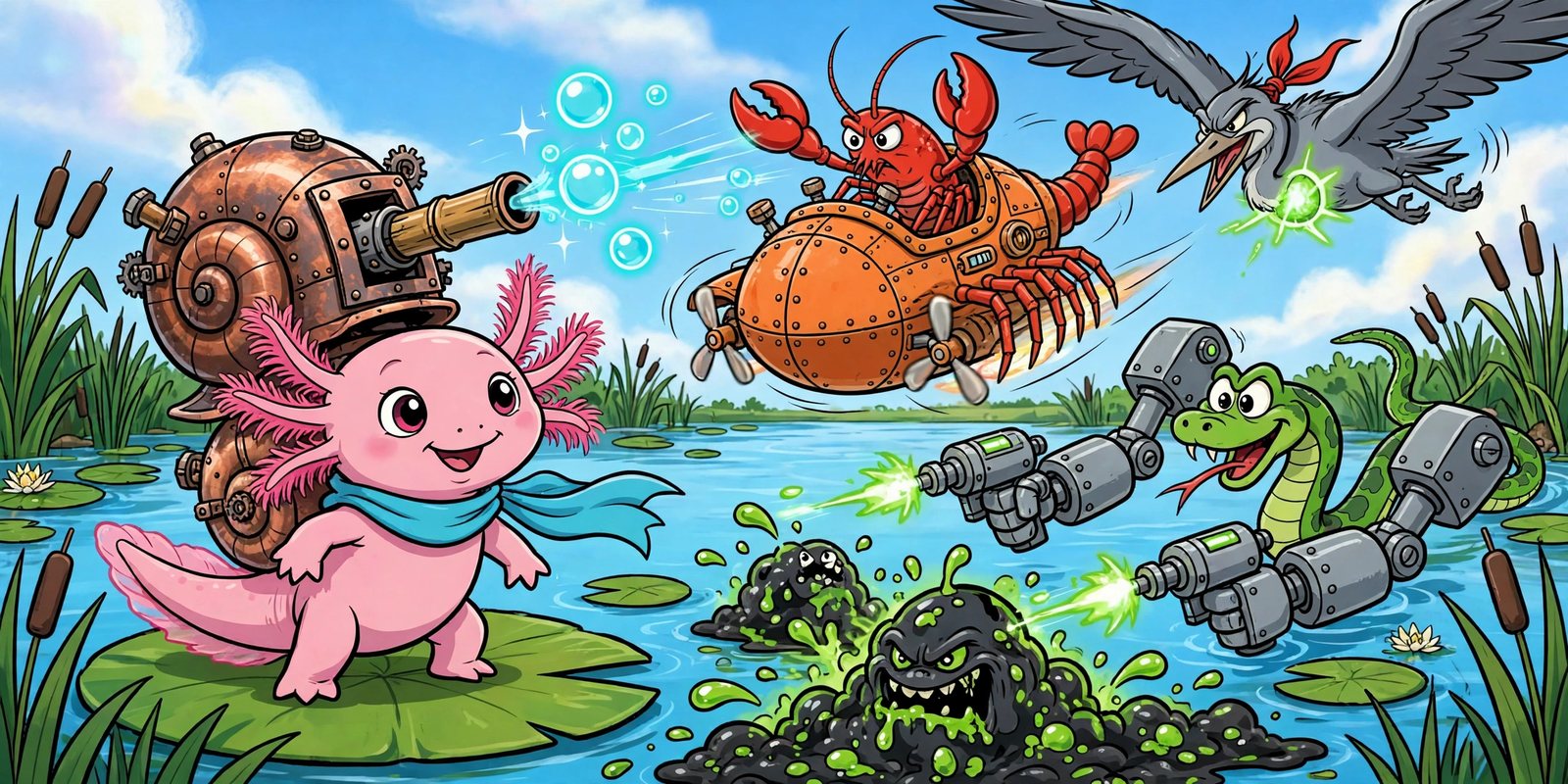 Illustrated pond battle: the axolotl on a lily pad fires glowing bubbles from his snail-shell scrap cannon at the crayfish hover ship, the mech-armed snake, the pollution gunk, and the swooping heron