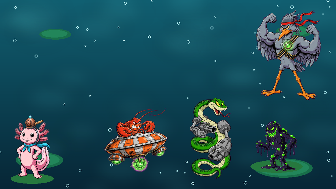 The cast lined up in the pond: the axolotl hero, the crayfish in his hover ship, the mech-armed snake, the pollution gunk, and the Rambo heron boss