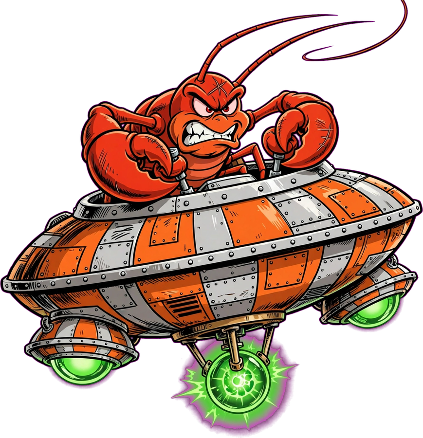 A furious crayfish piloting a disc-shaped hover ship with a glowing green energy orb underneath