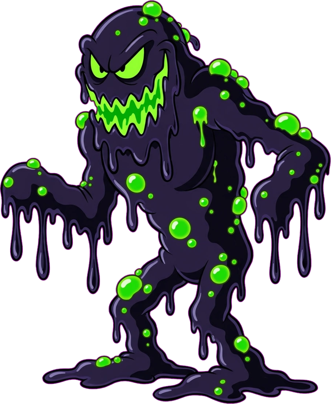 A hulking pollution gunk monster: dark sludge with glowing green spots and a toxic grin
