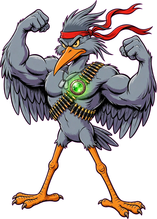 The heron boss: a muscular heron with a red bandana, an ammunition bandolier, and a glowing green core on his chest