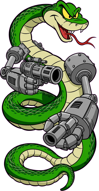 A green water snake with comically oversized grey mech arms holding huge blasters