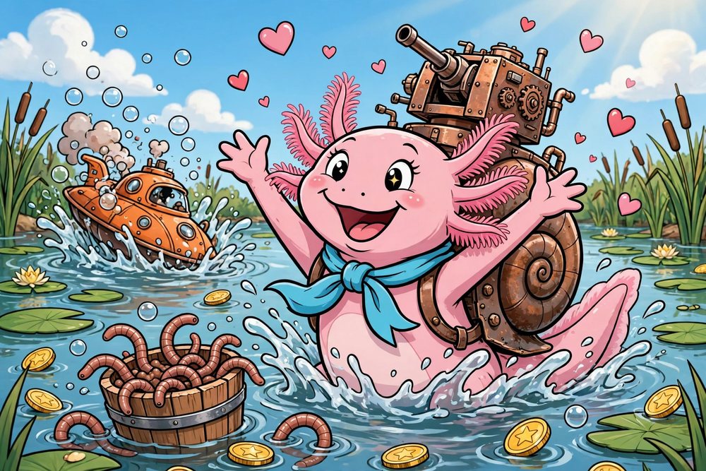 Illustration: the axolotl celebrates victory in the sunny pond with coins, a bucket of worms, and a sinking hover ship behind him